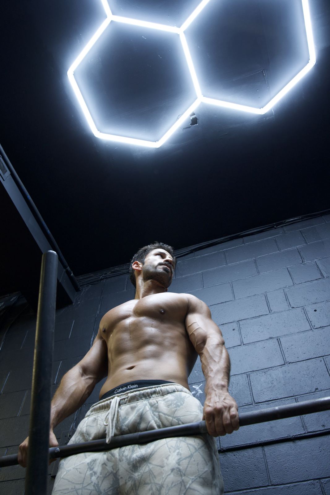 Hanging under hexagon lights